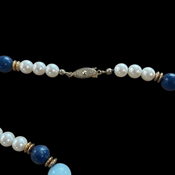 Ocean Sky Blue & Pearl Colored Glass Beaded Necklace Lapis Accents - Picture 3 of 7